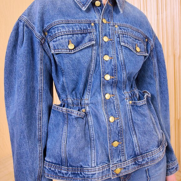 ulla johnson medium dk brown odette dylan denim puff sleeve peplum jacket - Picture 2 of 8